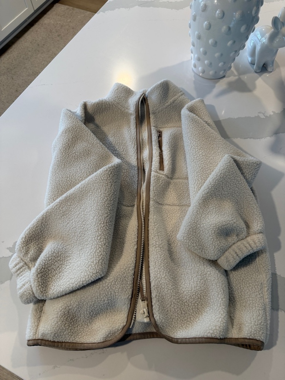 Athleta Kids Cream Sherpa Puffer Jacket with Brown Trim